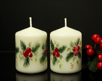 Hand Painted  Christmas Pillar Candle Holly Berries and Pine Wax