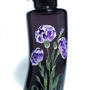 Purple Vase, hand painted Carnations, blown glass, One of a Kind,