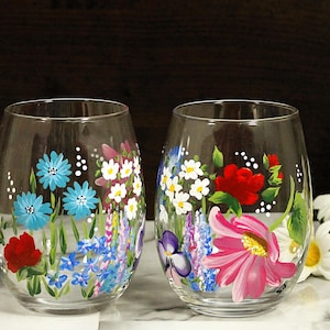 painted wild flower Glasses, mixed flowers, Pair,