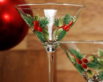 Christmas Martini glasses, pair, hand painted