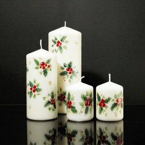 Christmas Tapers, Christmas Candles Pair. Holly and Pine Tapers, painted image 3