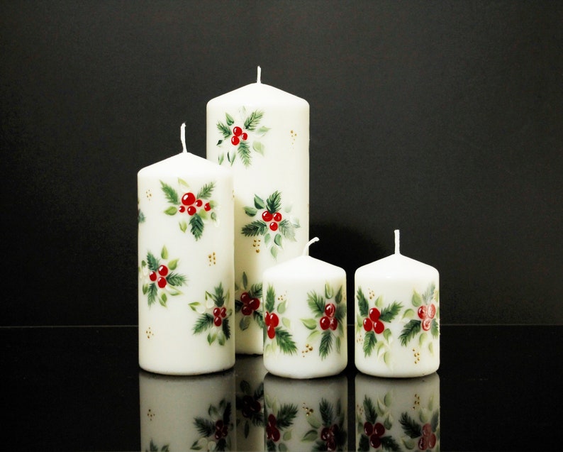 Christmas Tapers, Christmas Candles Pair. Holly and Pine Tapers, painted image 3