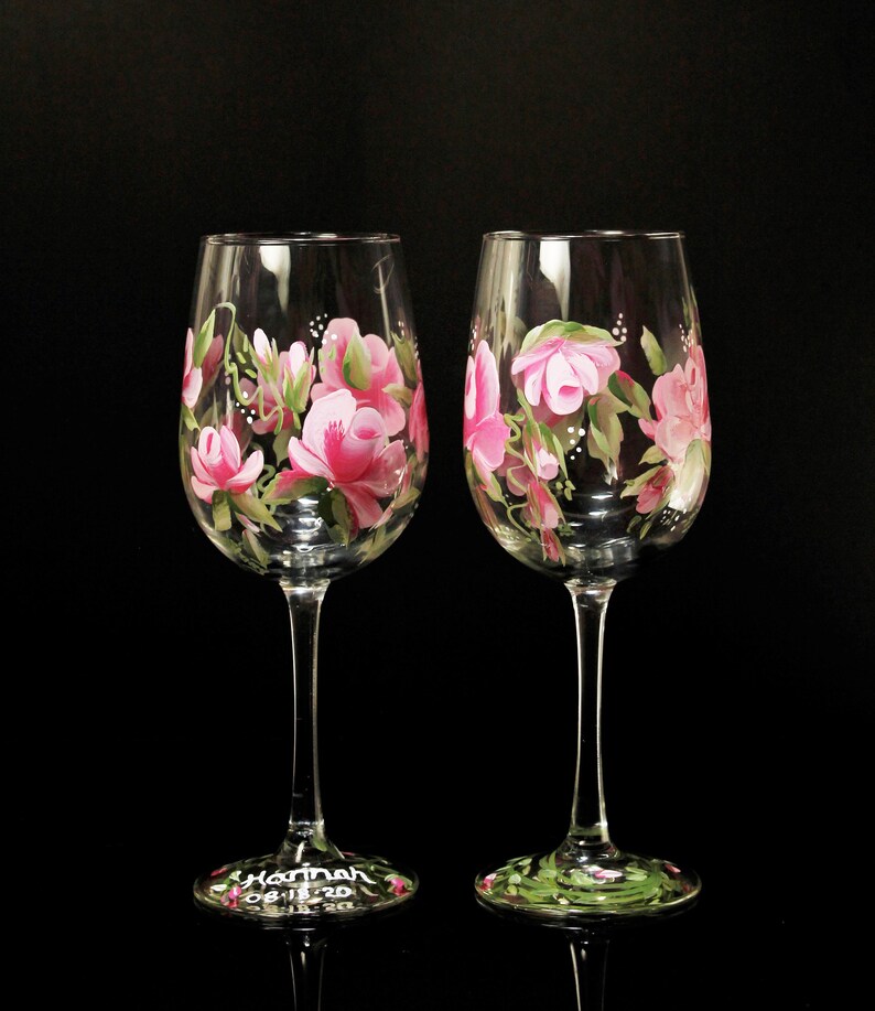 Hand Painted Wine Goblet or Glasses Pink Roses pair Etsy