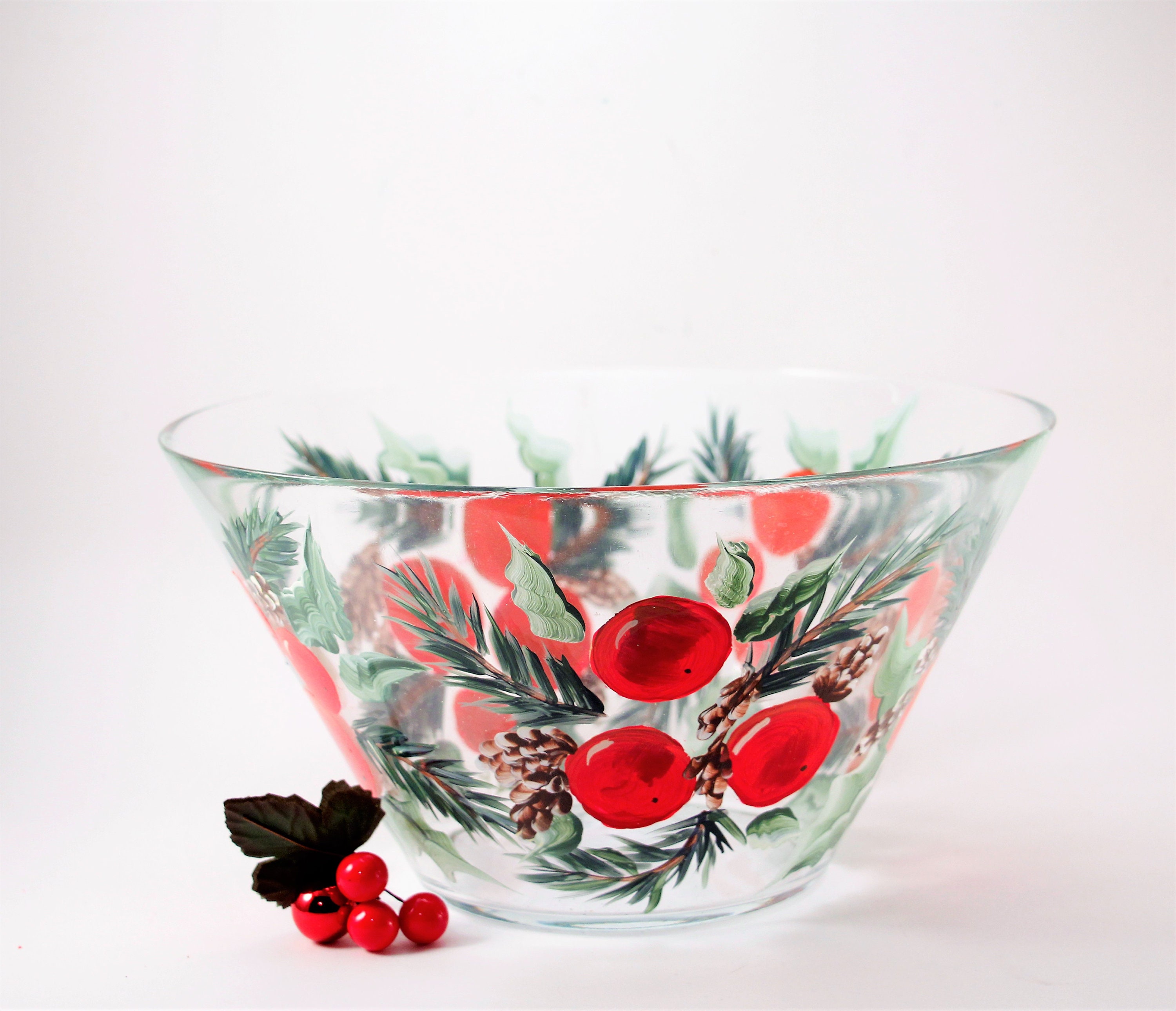 Christmas Serving Bowl Glass Hand Painted Holly Etsy