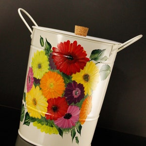 Gerbera Daisy Compost Bin with Removeable lid, Hand painted Metal Compost Container