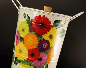 Contenedor de compostaje de margaritas gerbera con tapa extraíble, contenedor de compostaje de metal pintado a mano