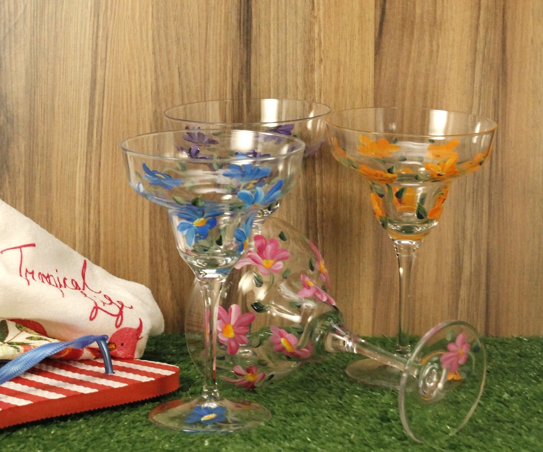 Daisy Margarita, Daiquiris Glasses, Set of Four, Hand Painted Etsy