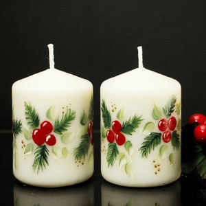 Christmas Tapers, Christmas Candles Pair. Holly and Pine Tapers, painted image 4