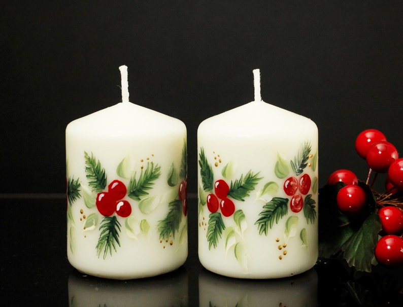 Christmas Tapers, Christmas Candles Pair. Holly and Pine Tapers, painted image 4