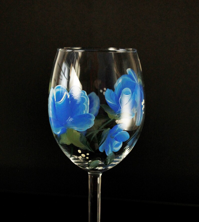 Hand Painted Wine Goblet or Glass Blue Rose Pair Etsy