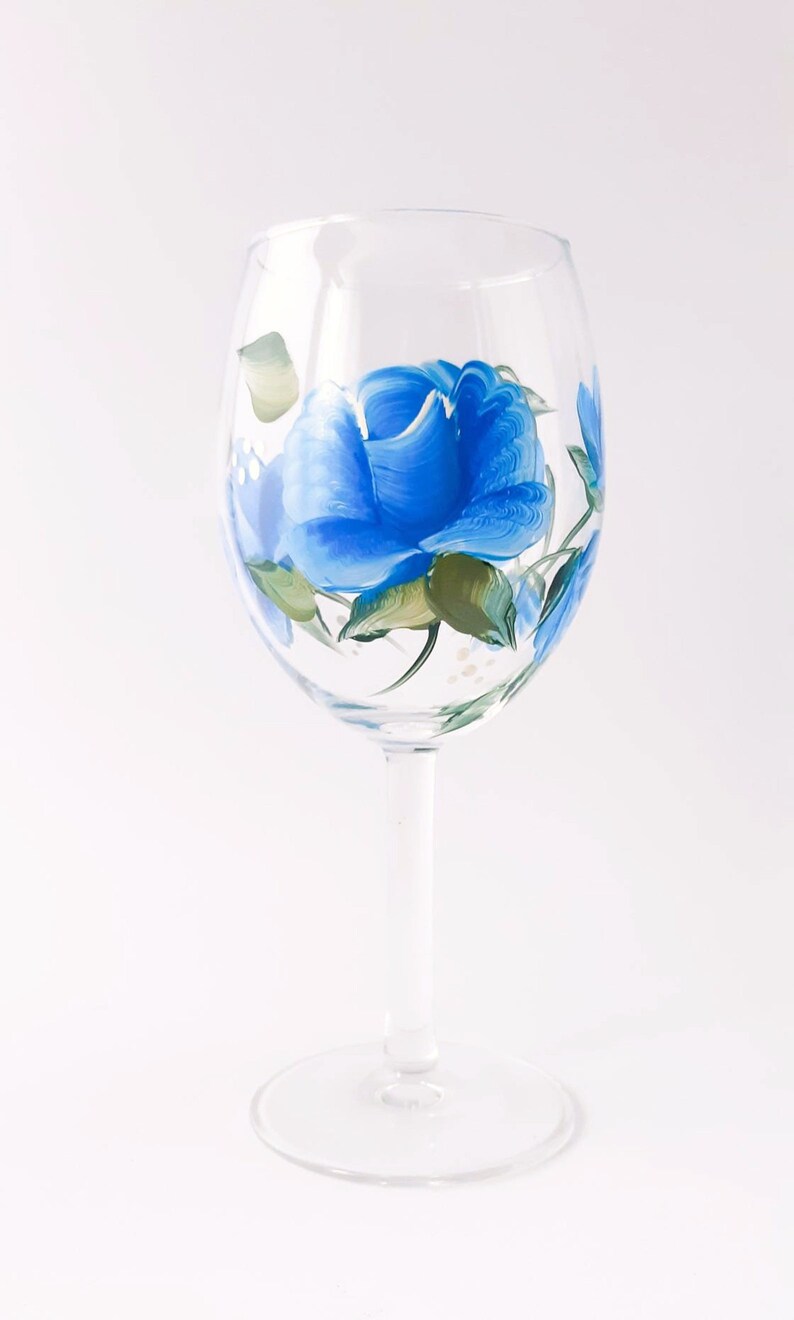 Hand Painted Wine Goblet or Glass Blue Rose Pair Etsy