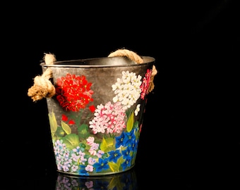 Hand Painted Flower Pot Mixed Flowers approx 12" half bucket