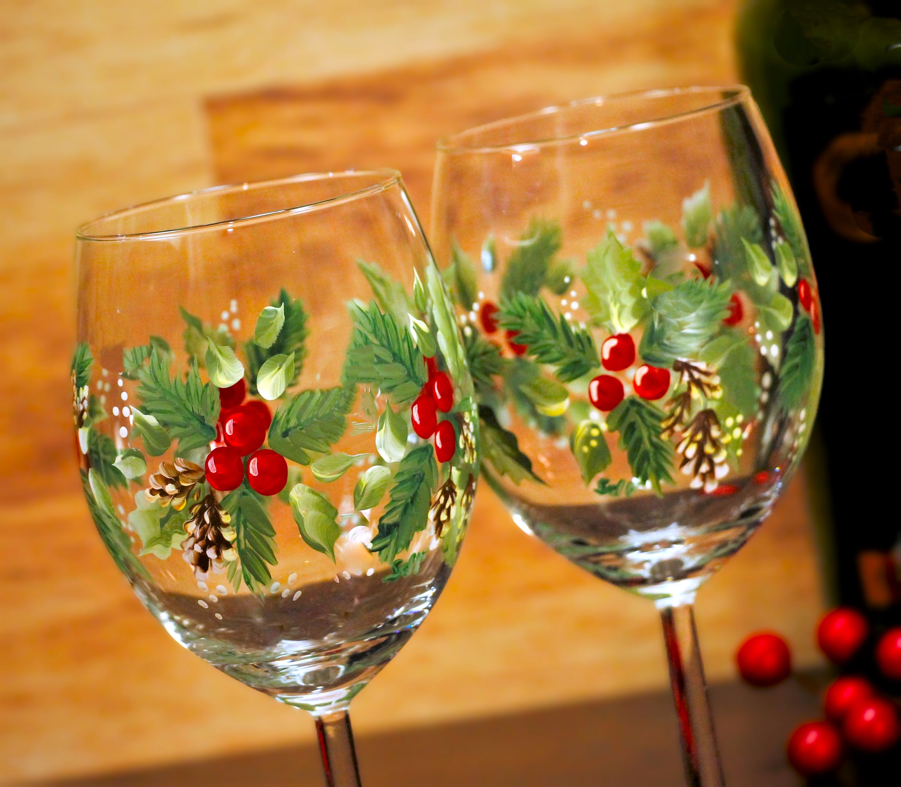 Christmas Wine Glasses - Set of 2 Stemless - Hand Painted - Holly and Berry