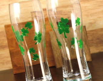 St. Patrick's Day, Shamrocks, Painted Beer glasses,pair