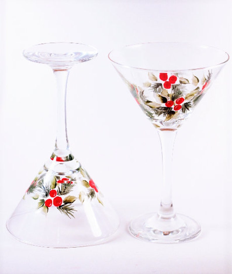 Christmas Holly Martini Glasses Hand Painted Etsy