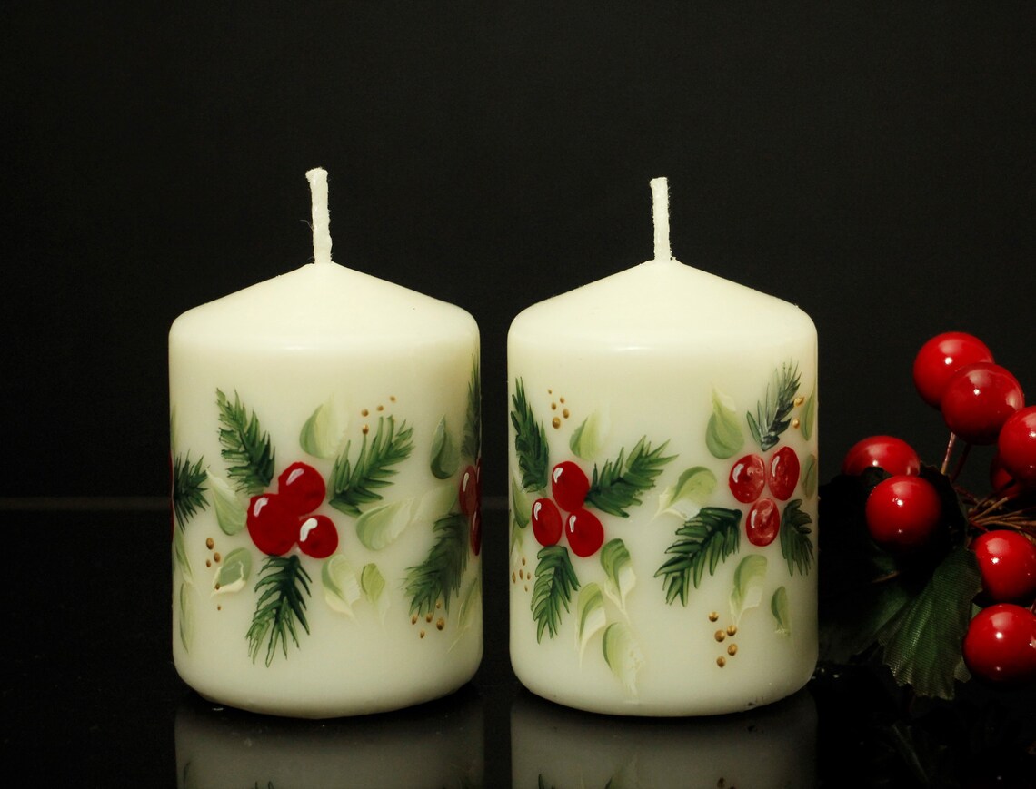 Christmas Pillar Candle Holly Wax Handpainted Etsy