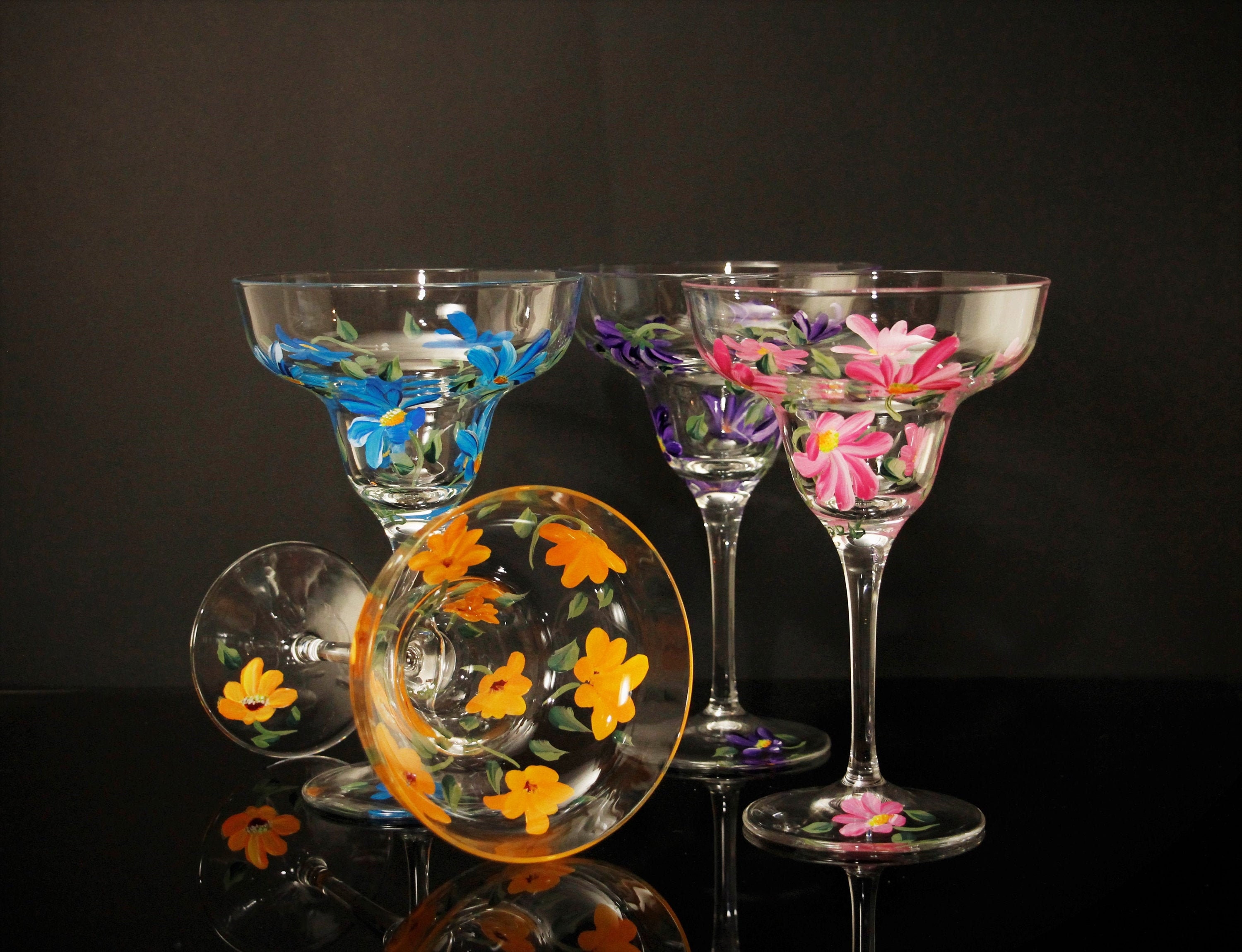 Set of Four Hand Painted Daisy Margarita / Daiquiris Glasses Etsy