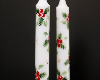 Hand Painted Christmas Taper Candle Holly and Pine