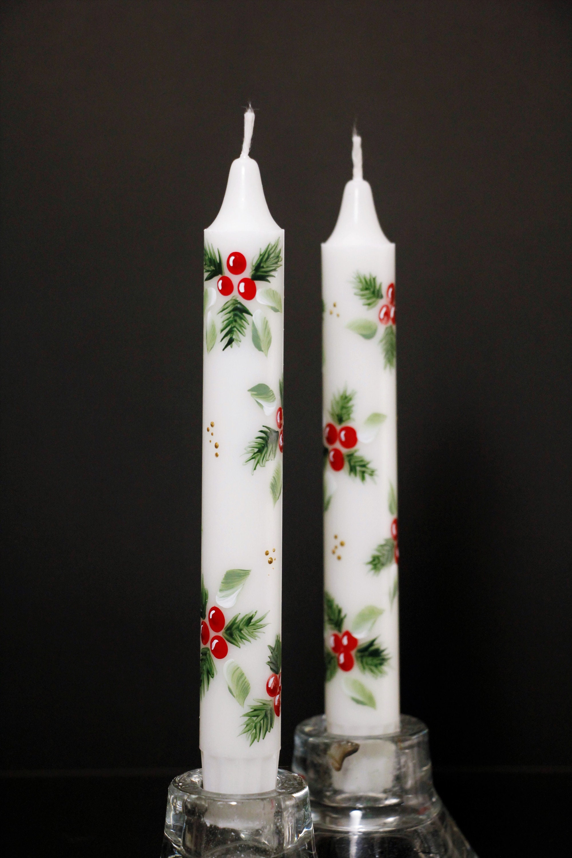 Hand Painted Christmas Taper Candle Holly and Pine - Etsy Australia