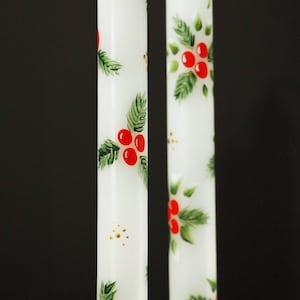 Christmas Tapers, Christmas Candles Pair. Holly and Pine Tapers, painted 10 inches