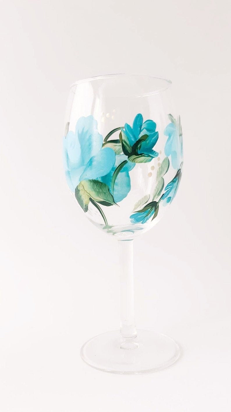 Hand Painted Wine Goblet or Glass Blue Rose Pair Etsy