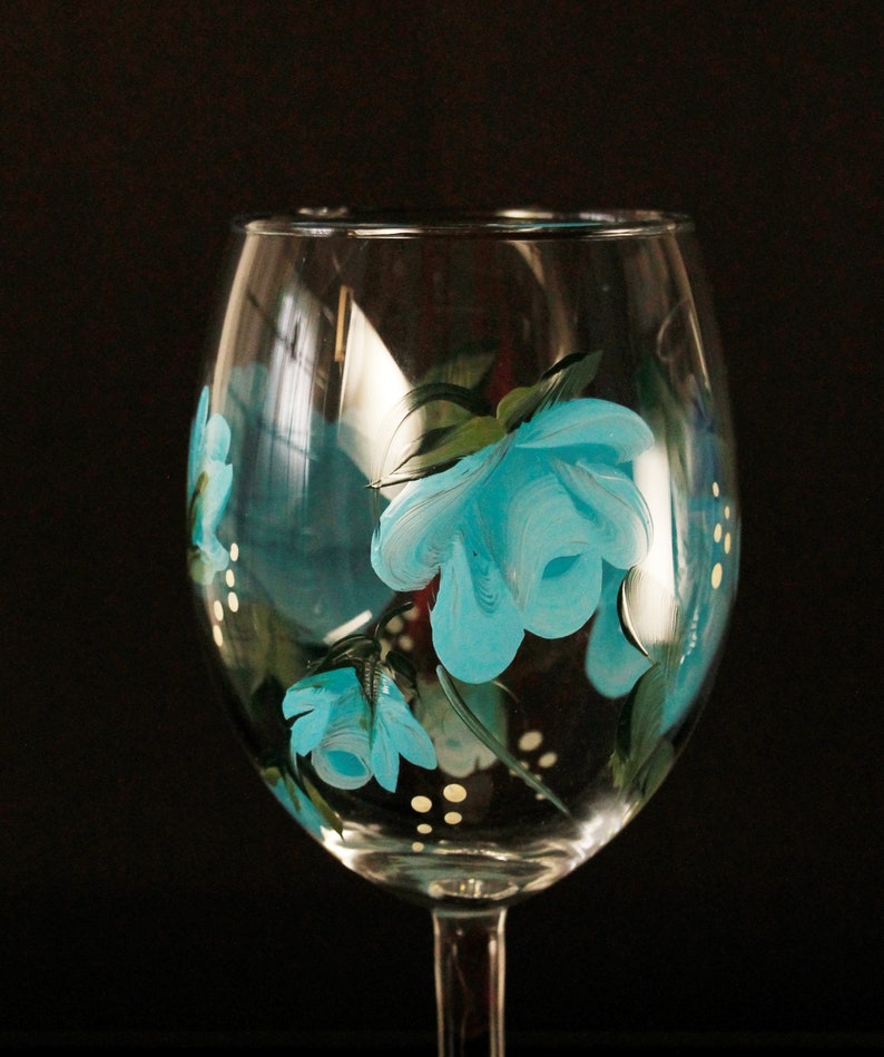 Hand Painted Wine Goblet or Glass Blue Rose Pair Etsy