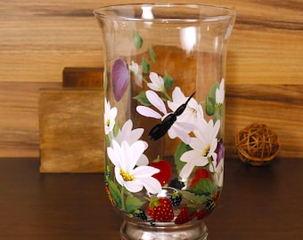 Painted Vase, daisies and berries, dragonfly, Hurricane Candle Holder,