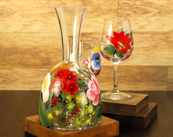 Glass Wine Carafe, floral Decanter, hand painted , One of a kind