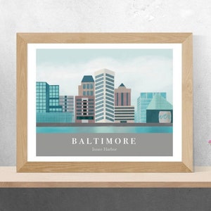 baltimore md cityscape skyline inner harbor art print illustration | maryland wall art | state print | housewarming gift