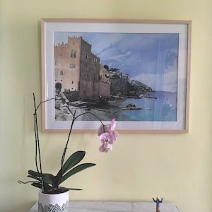 Aquarelle originale Collioure village bord de mer Francia château Rochasse (66)