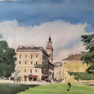 Aquarelle originale, Parme, vista sur clocher et jardin public