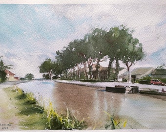 Aquarelle originale Canal du midi Sallèles-d'Aude