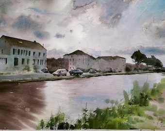 Aquarelle originale Maison de Sallèles d'Aude, canal du midi