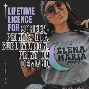 May include: A gray sweatshirt with a graphic of a crescent moon with a purple and blue ombre effect. The text "ELENA MARIA DESIGNS" is printed in black on the moon. The text "LIFETIME LICENCE FOR SCREEN-PRINTS, DTF, SUBLIMATION, PRINT ON DEMAND" is printed in pink and black on a dark gray background.