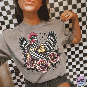 Motif en sublimation de roses de ferme de poulet à carreaux - fichier PNG floral de poulet pour la création et l'impression