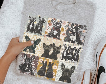 Puede incluir: Una camiseta gris con un diseño de patchwork que presenta múltiples imágenes de Bulldogs franceses en varias poses. El diseño incluye patrones florales y geométricos en tonos marrones, amarillos y blancos.