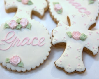 1 Dozen Decorative Shortbread Name Plaque & Holy Cross Shape Cookies