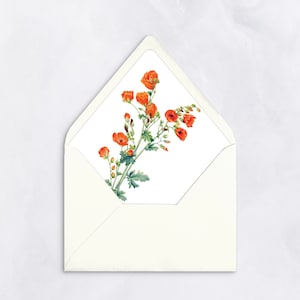 Druckbare Umschlag Liner, Sofort Download, A7, Euro Flap 5x7 California Poppy Flowers Illustration, Hochzeit im Herbst, PDF, DIY