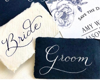 Calligraphy Place Cards for Weddings & Events, Custom Handwritten, handmade deckle edge paper