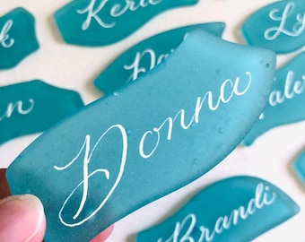 Sea Glass Calligraphy Place Cards for Weddings & Events, Custom Handwritten Calligraphy, Favors, Gifts