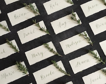 Calligraphy Place Cards for Weddings & Events, Custom Handwritten, handmade deckle edge paper
