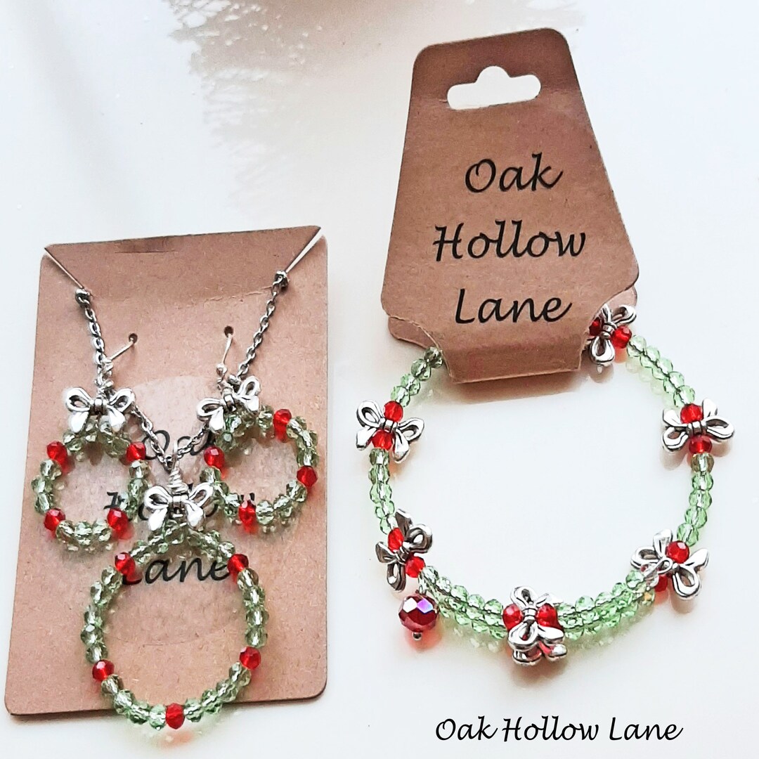 Christmas Wreath Jewelry Set Red Green and Silver Bow Beaded Etsy