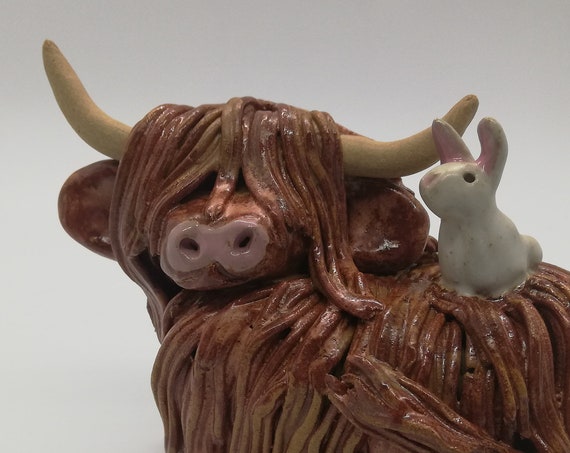 Handmade Highland Cow with white rabbit