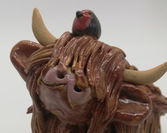 Handmade Highland Cow with robin