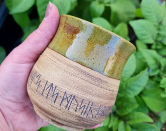 Olive green Anglo-Saxon rune carved ceramic tumbler Wine/Whiskey cup
