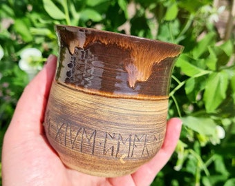 Amber brown Anglo-Saxon rune carved ceramic tumbler Wine/Whiskey cup