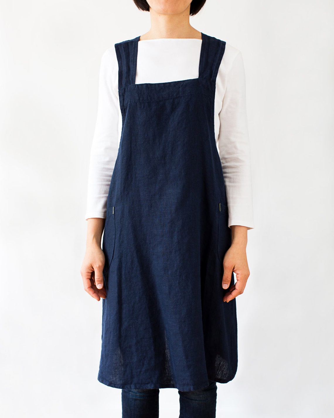 Linen pinafore apron dress for women in dark blue Etsy