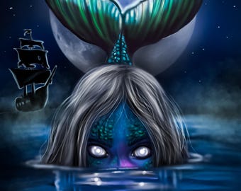 May include: Digital art of a mermaid emerging from water under a full moon. The mermaid has blue skin, white hair, and glowing white eyes. A teal and green mermaid tail is visible above the water, with a silhouette of a ship in the background.