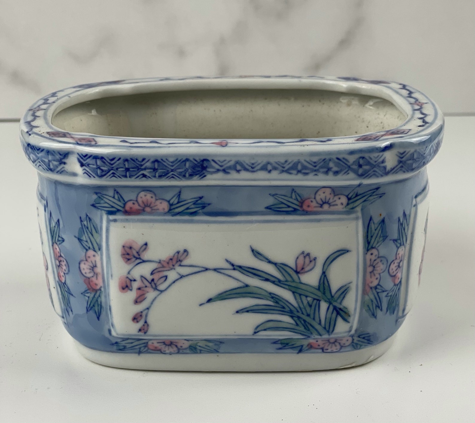 Asian Blue & White Porcelain Rectangular Cachepot With Floral - Etsy
