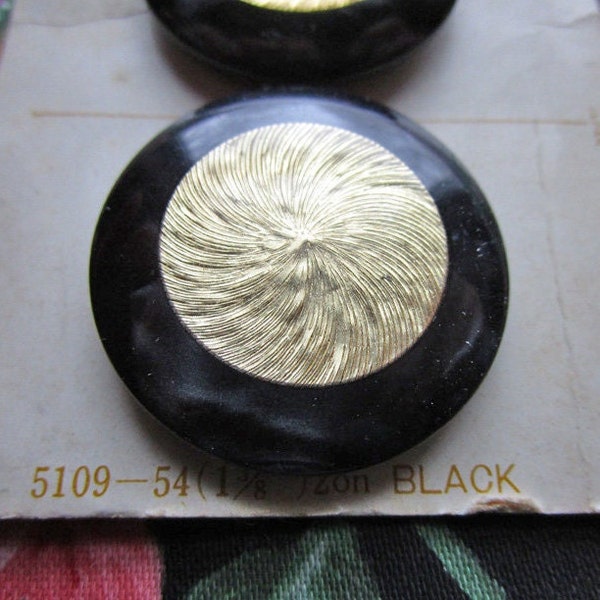 2 Vintage Le Chic Black Plastic Shank Buttons with Metallic Gold Center, 1-3/8" (34mm)